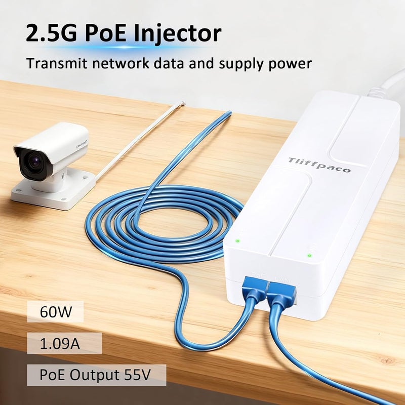 Tliffpaco PoE++ Injector 2.5Gb, Transmit Network Data and Supply Power, 60W 55V, 802.3af/at/bt Compliant, Plug & Play, Up to 100m(328 ft), Suitable for PTZ IP Camera/Video Phone/Dual Band AP - Image 2